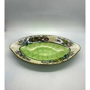 Antique Maling Green Floral Tulips Lustreware Oval Candy Dish Serving England